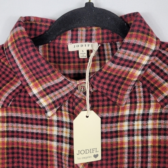 Jodifl Music In Me Plaid Button Up Flannel Shirt Burgundy White Black Sz S NWT - Picture 3 of 7